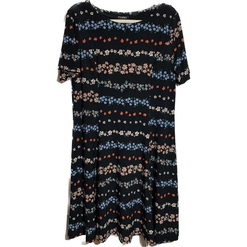 Roz & Ali Women's Size Large Black A-Line Multicolor Floral Shift Dress